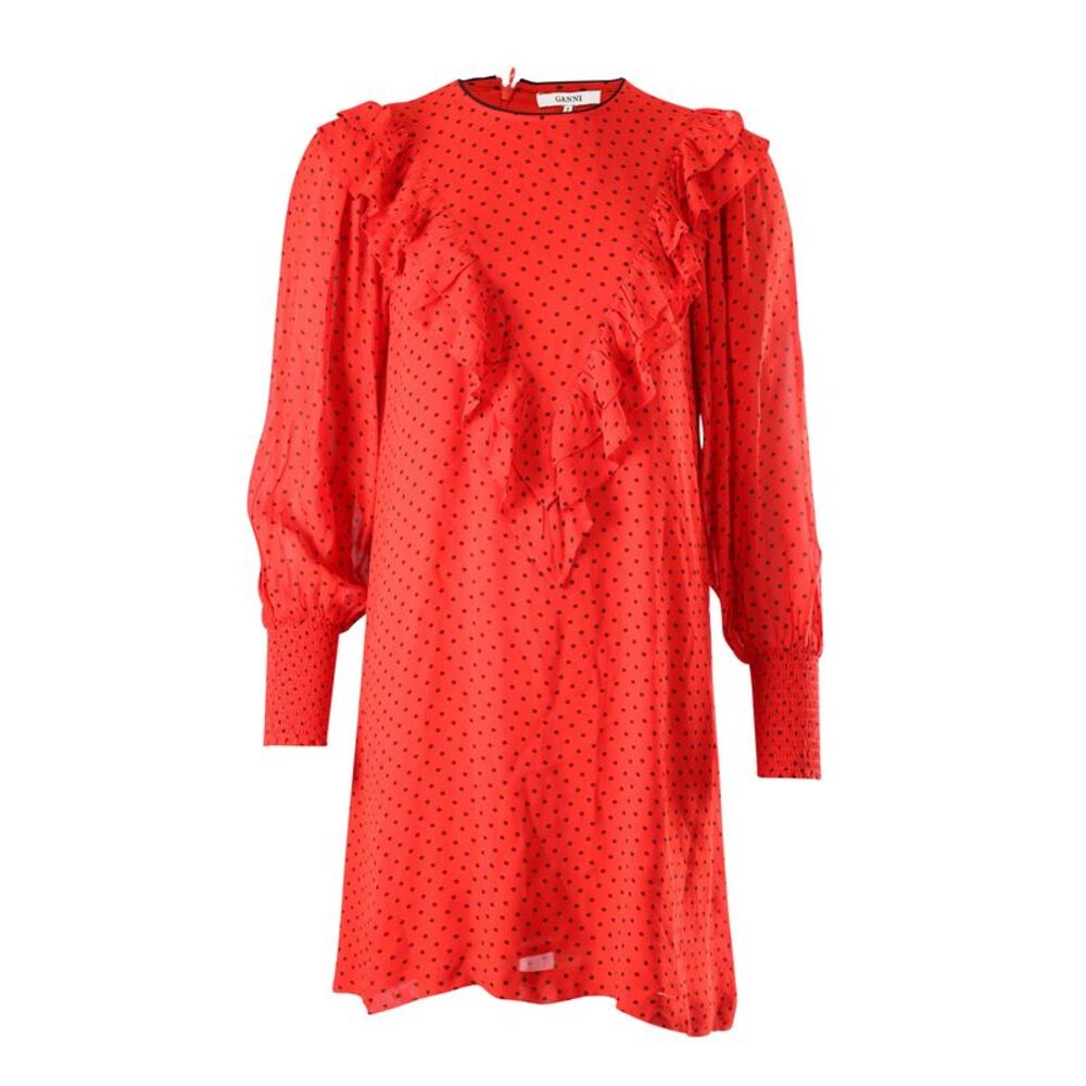 Ganni Polka Dot Ruffled Dress In Red Viscose